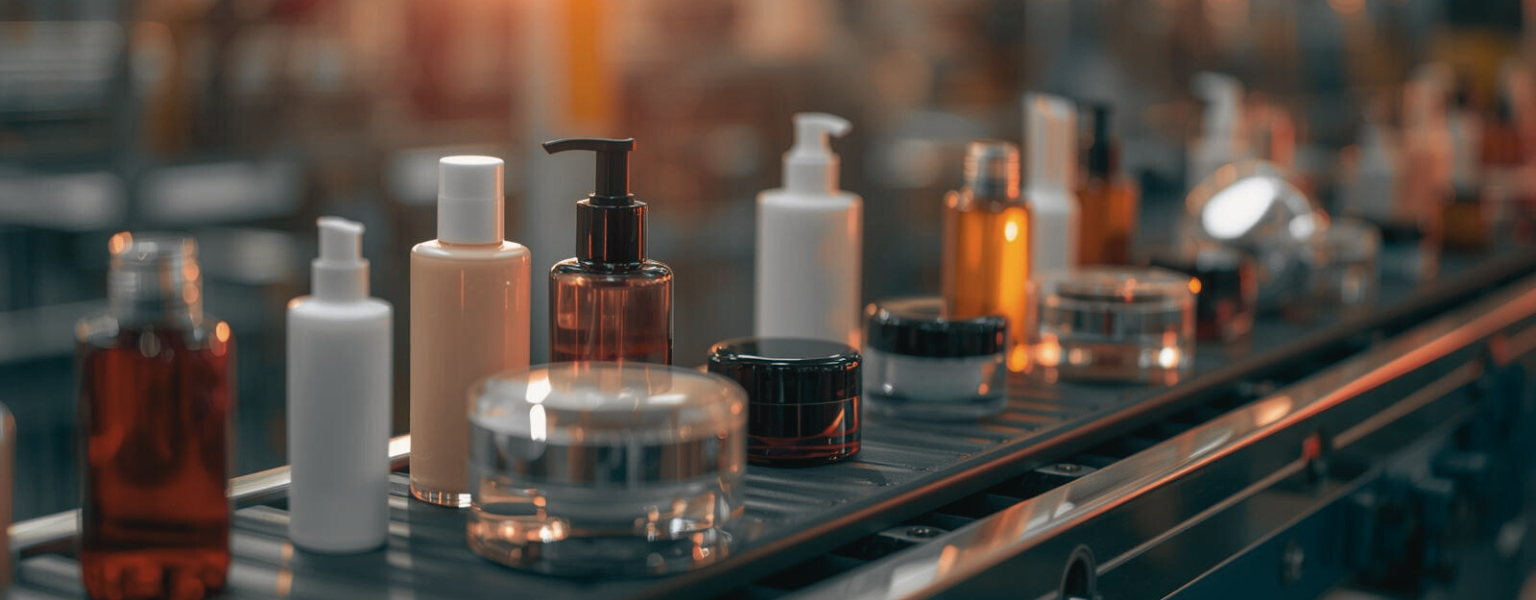 บรรจุภัณฑ์สกินแคร์สีขาวและขวดแก้วสีน้ำตาลวางเรียงแถวบนสายพานลำเลียงในโรงงาน เพื่อแสดงขั้นตอนการบรรจุผลิตภัณฑ์